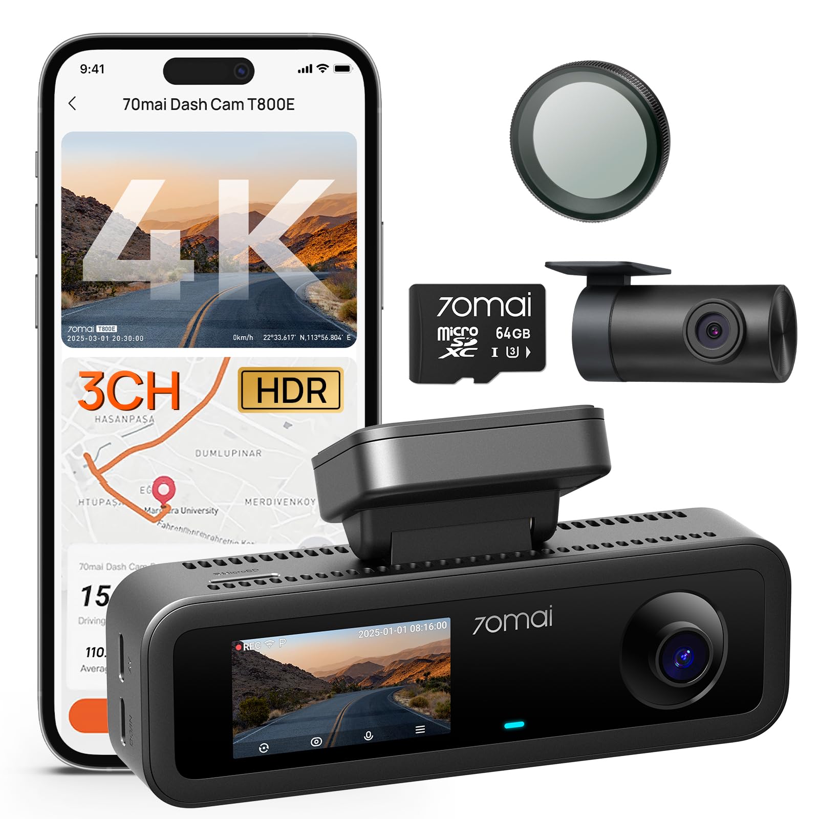 Amazon.com: 【70mai Dash Cam 4K T800E+CPL】 70mai 4K Dash Cam